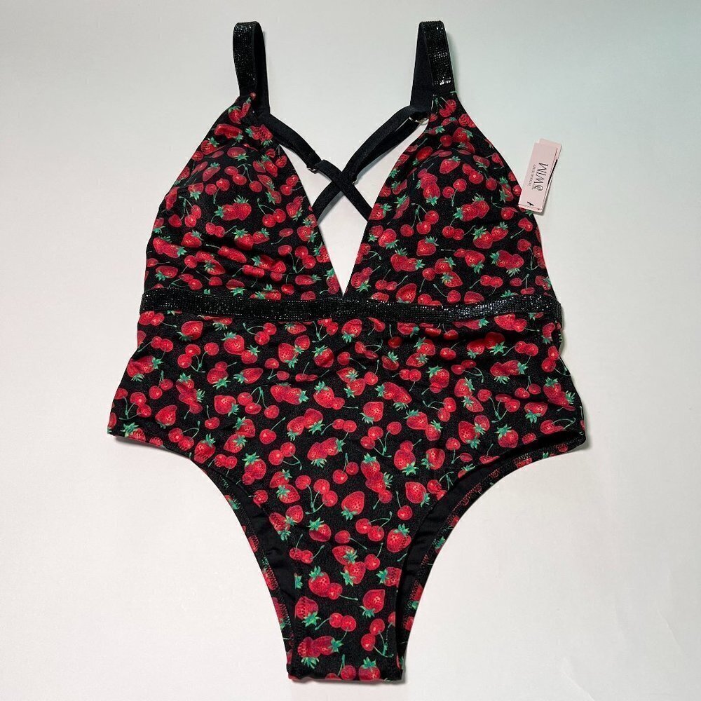 Victoria Secret Large L Shine Strap Plunge One Piece Swimsuit Bikini Cherry